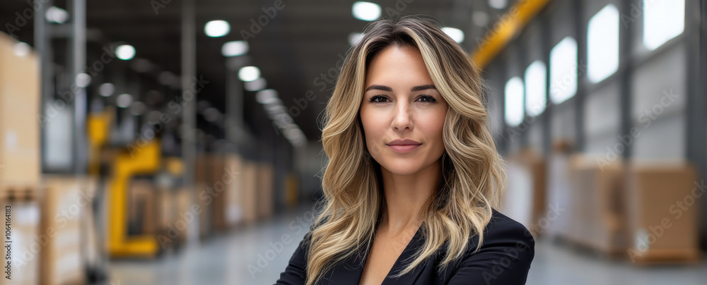 Confident Businesswoman in a Modern Warehouse Setting Confident Businesswoman in a Modern Warehouse Setting