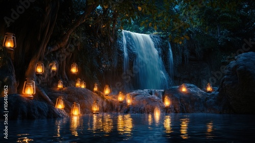 A magical waterfall in a lush forest at night, illuminated by lanterns hanging from trees and floating on the water.