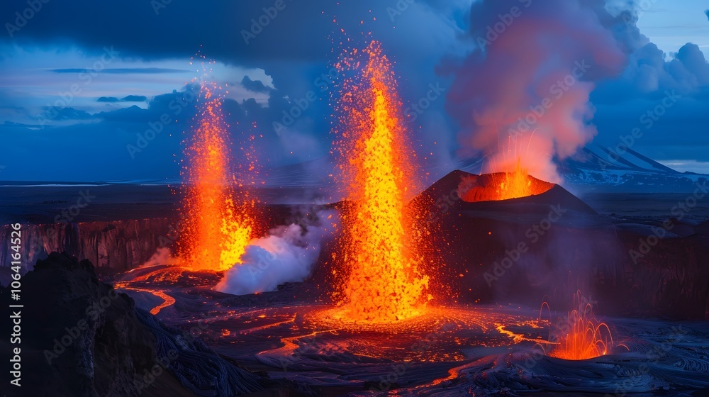 Hot lava is erupting from the volcano in Iceland. Hot lava is erupting from the volcano in Iceland.
