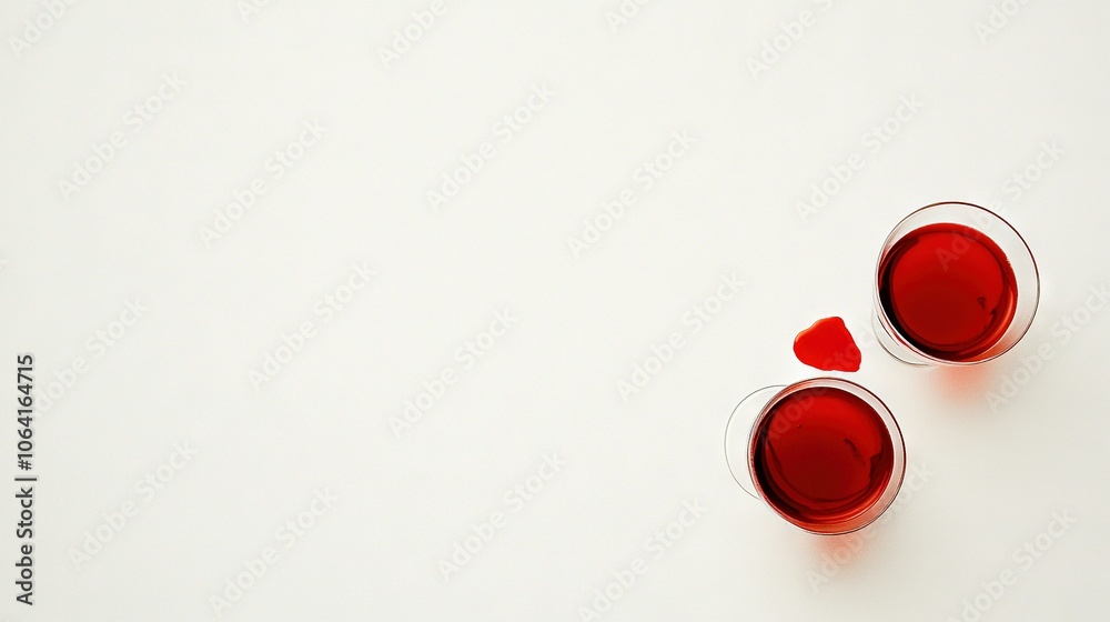 Two glasses of red wine on a white surface with a red heart in each glass Two glasses of red wine on a white surface with a red heart in each glass