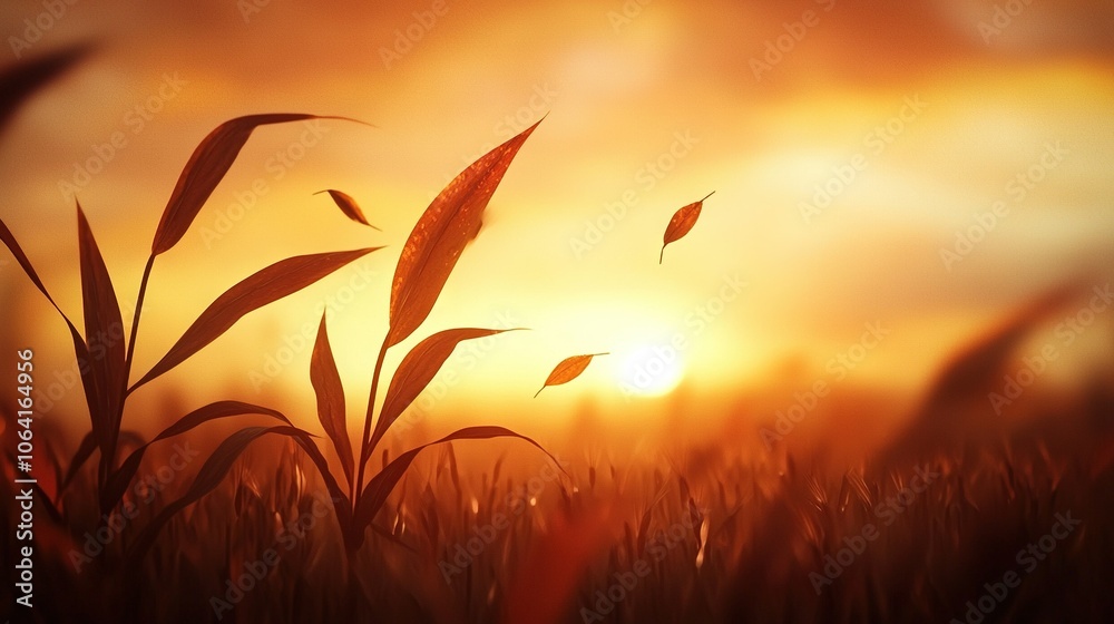 Fototapeta premium Tall grass, sunset, leaves blowing in the fore