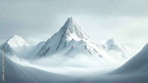  A towering mountain shrouded in snow, surrounded by fog on a cloudy day