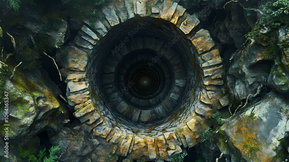 Aerial view of spiral tunnel entrance to mystical source of consciousness. Mystical. Illustration Aerial view of spiral tunnel entrance to mystical source of consciousness. Mystical. Illustration
