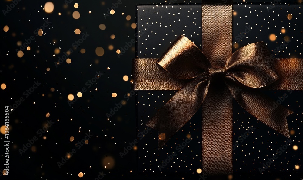 A sleek black gift box features a shimmering golden ribbon, elegantly presented against a backdrop of sparkling dots, perfect for special occasions and celebrations