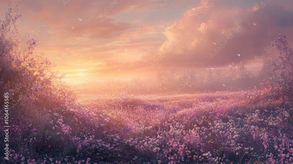 A breathtaking sunrise over a field of wildflowers with the sun shining through the clouds. A breathtaking sunrise over a field of wildflowers with the sun shining through the clouds.