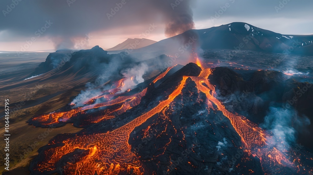 Hot lava is erupting from the volcano in Iceland. Hot lava is erupting from the volcano in Iceland.
