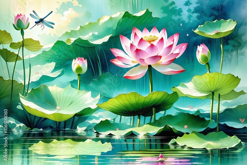 Beautiful pink lotus flowers with green lily pads on tranquil pond. Water reflections add depth, perfect for nature inspired, zen projects, publication, marketing material, website, print, wallpaper.
