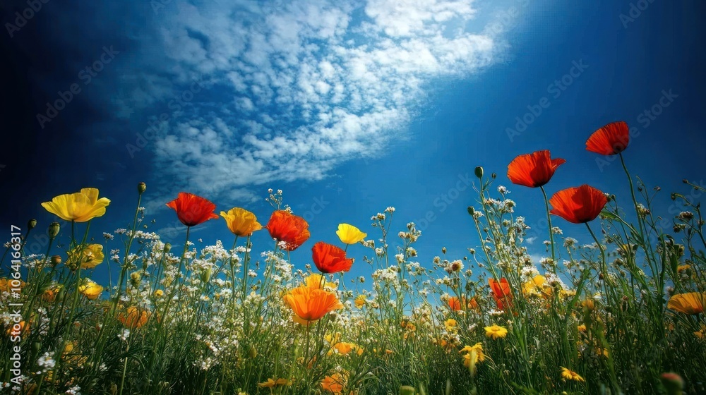 Obraz premium A vibrant field of red, yellow, and white wildflowers under a bright blue sky with fluffy white clouds.