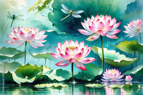 Stunning pink lotus flowers in bloom among green lily pads on calm water. Captures tranquility, natural beauty, ideal for meditation theme, publication, marketing material, website, print, wallpaper