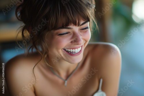 beautiful happy smiling woman fascinated with life, generative AI