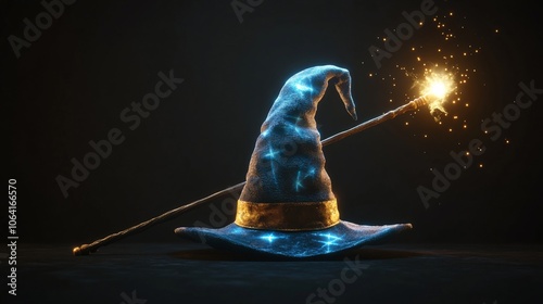 A blue wizard hat with stars and a glowing magic wand on a dark background.