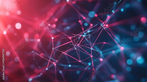 Abstract Network of Interconnected Lines and Nodes with Red and Blue Glowing Lights
