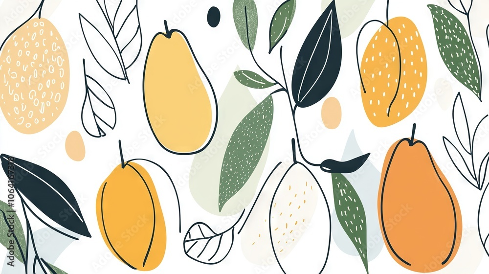 An image consisting of orange, pear, and leaf patterns set against a white backdrop, featuring a green and yellow color palette An image consisting of orange, pear, and leaf patterns set against a white backdrop, featuring a green and yellow color palette