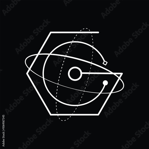 An abstract letter g orbit logo in hexagonal and circle shape in black and white