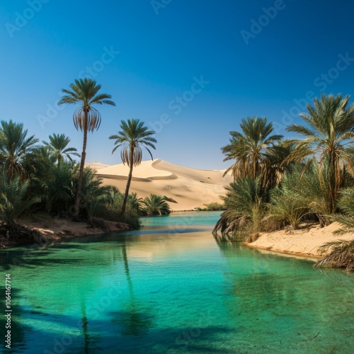 Hidden oasis with clear blue water and palm trees surrounded by desert dunes