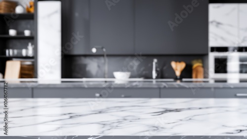 Empty marble countertop in a modern kitchen with blurred background. (3)