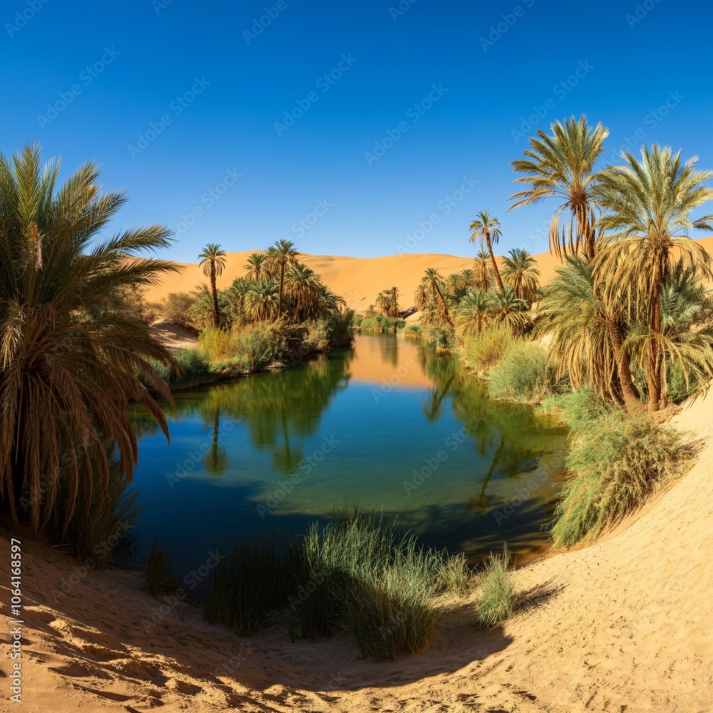 Obraz premium Hidden oasis with clear blue water and palm trees surrounded by desert dunes