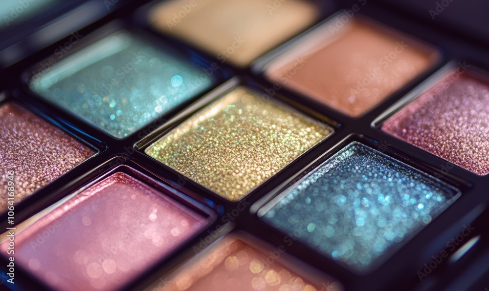 A close-up of a makeup palette, each eyeshadow exhibiting a different holographic hue, captured in a close shot that highlights the shimmer A close-up of a makeup palette, each eyeshadow exhibiting a different holographic hue, captured in a close shot that highlights the shimmer