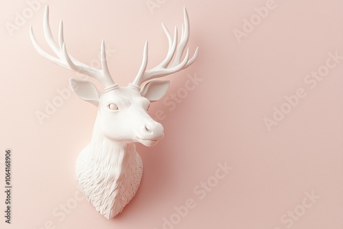 White deer head bust with detailed texture on pastel pink background photo