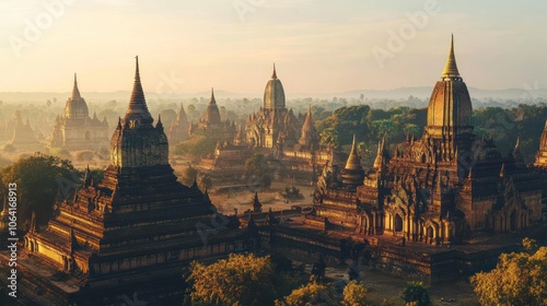 A panoramic view of ancient temples in Bagan, Myanmar, shrouded in mist at sunrise.
