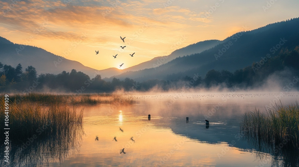 Fototapeta premium A misty morning sunrise over a tranquil lake with mountains in the background, featuring a flock of birds flying in the sky.