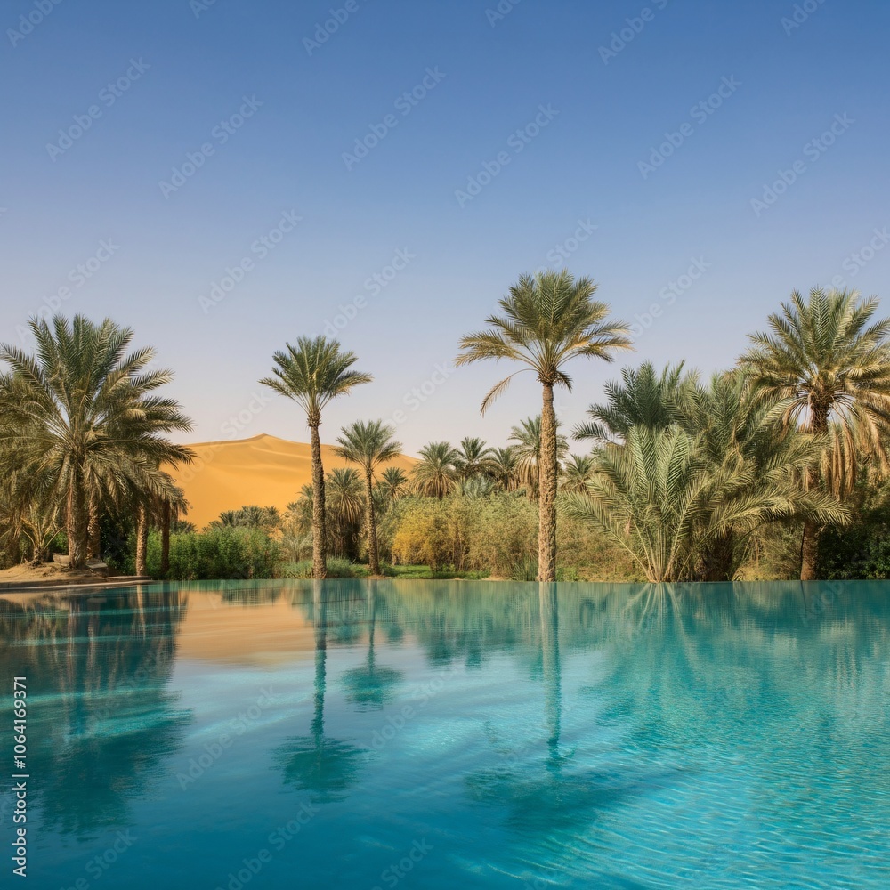 Hidden oasis with clear blue water and palm trees surrounded by desert dunes