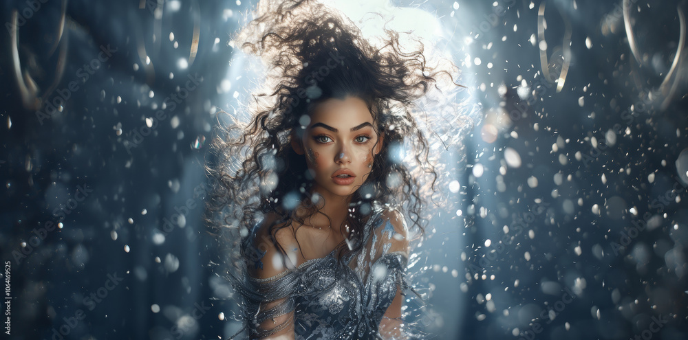 Beautiful cute sexy young mixed asian african woman, poured high gloss silver glittering make-up, glitter fantasy dress, celebrity, luxury premium style, silvery shiny sparkling dark blue background.	