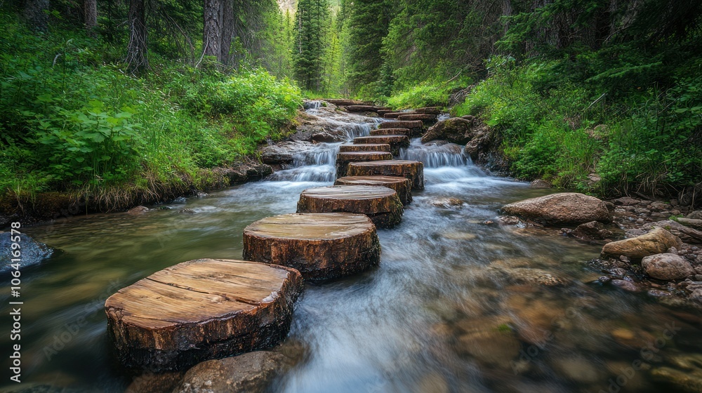 Obraz premium A wooden pathway of stepping stones leading across a stream through a lush forest.