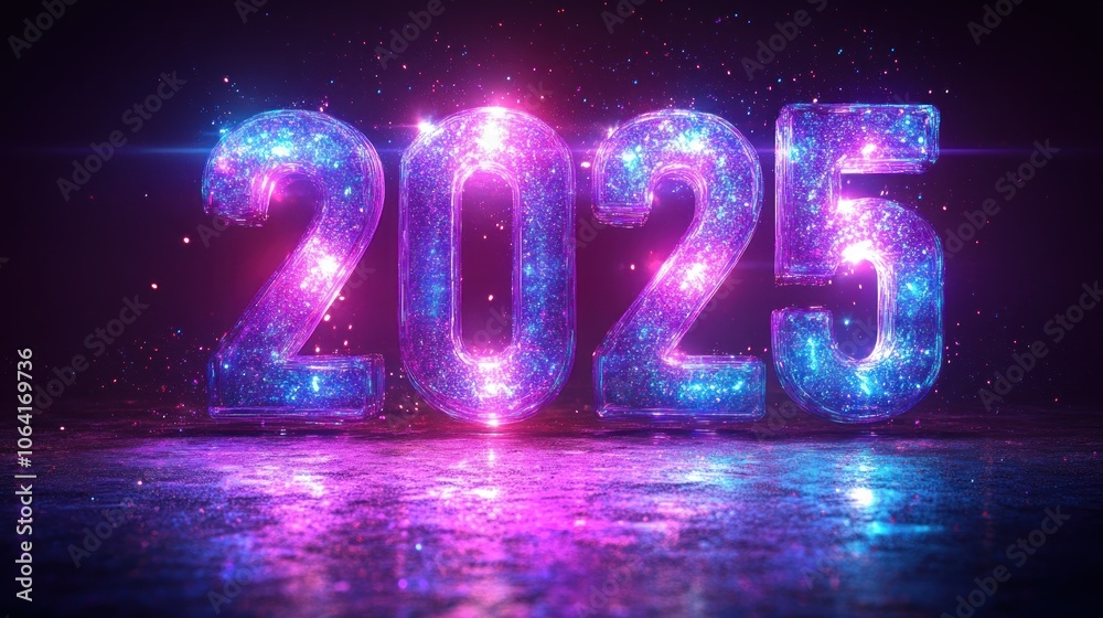 Neon 2025 New Year's Eve celebration with sparkling blue and pink lights. Neon 2025 New Year's Eve celebration with sparkling blue and pink lights.