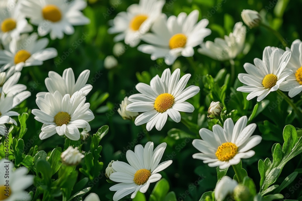 Obraz premium A close-up of fresh white daisies blooming in a lush green field under sunlight. Great for themes of nature, springtime, and gardening.