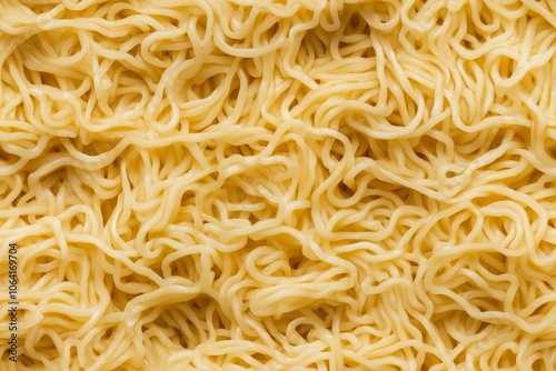 Close-up view of uncooked yellow noodles, showing intricate textures and strands. Perfect for food backgrounds, culinary themes, or packaging design.