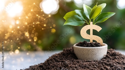 An imaginative and thought provoking stock photo illustrating the correlation between financial growth and nature, as depicted by a plant growing from a pot designed in the shape of a dollar sign