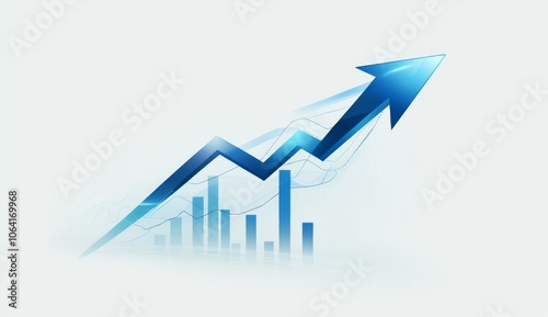 Modern white background with financial chart, upward-pointing arrow, and bar graph, abstract stock market concept with double exposure on light grey background.