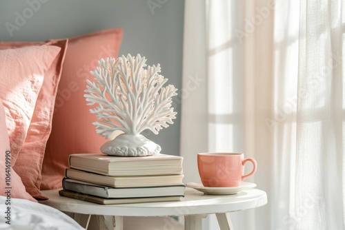 bedside table with a white coral shaped lamp, a stack of books, and a cup of tea, creating a cozy reading nook photo