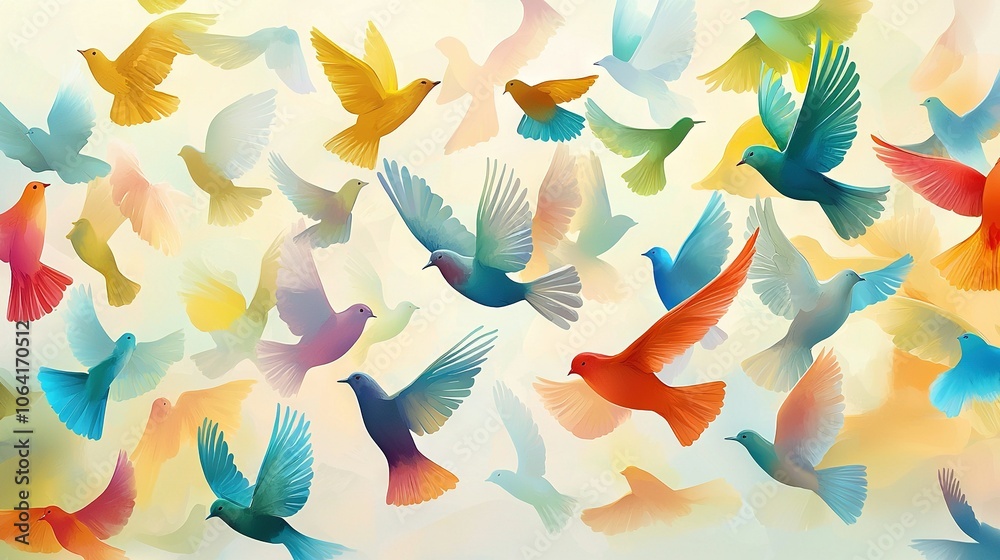 A flock of vibrant avian soars high amidst a crisp white expanse and a stunning azure backdrop A flock of vibrant avian soars high amidst a crisp white expanse and a stunning azure backdrop