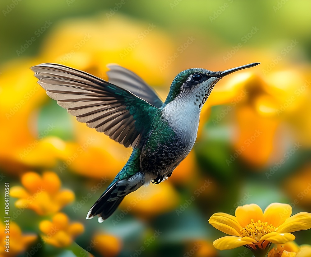 Naklejka premium Flying hummingbird in a blooming garden