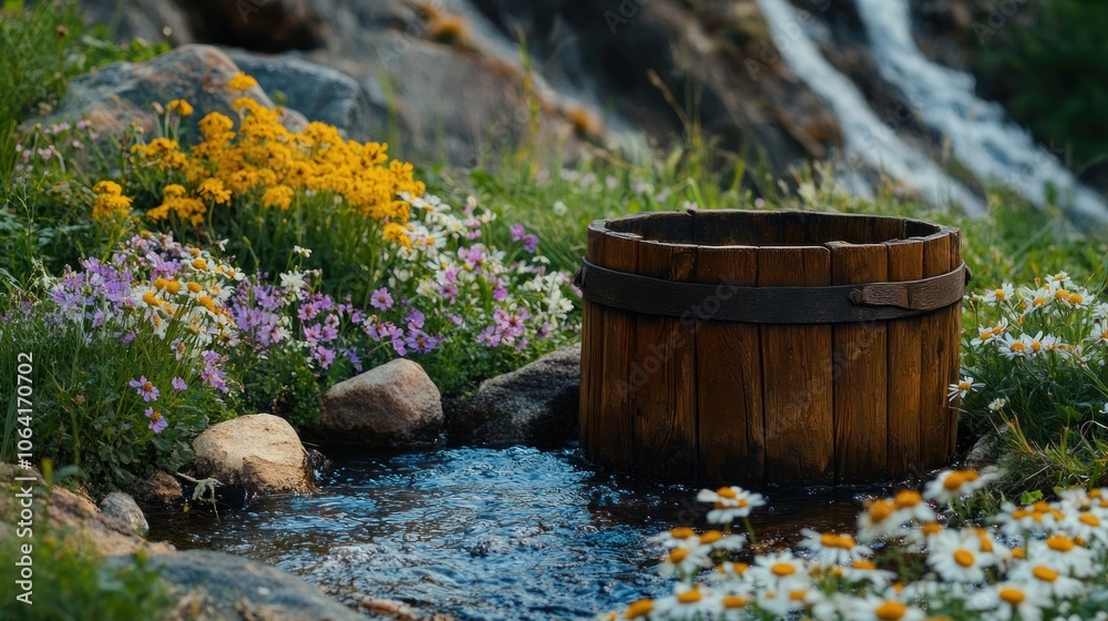 A wooden bucket sits beside a small stream, surrounded by a bed of wildflowers and a cascading waterfall in the background. A wooden bucket sits beside a small stream, surrounded by a bed of wildflowers and a cascading waterfall in the background.
