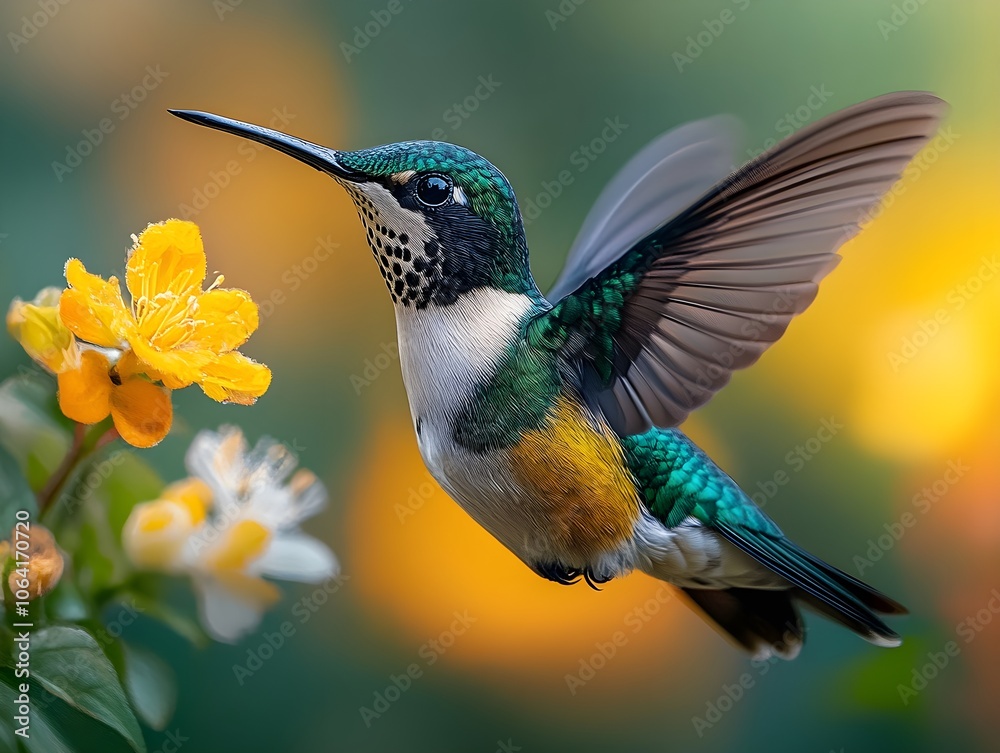 Fototapeta premium Flying hummingbird in a blooming garden