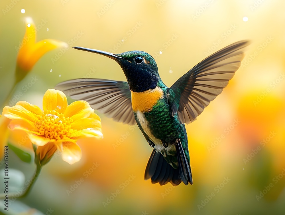 Naklejka premium Flying hummingbird in a blooming garden