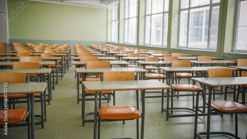 A classroom with many empty desks and chairs. The chairs are orange and the desks are wooden. The room is empty and quiet