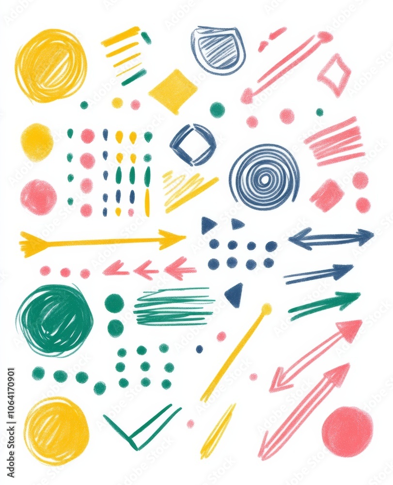 A page of colorful hand-drawn doodles featuring arrows, dots, and simple shapes with clean lines. A page of colorful hand-drawn doodles featuring arrows, dots, and simple shapes with clean lines.