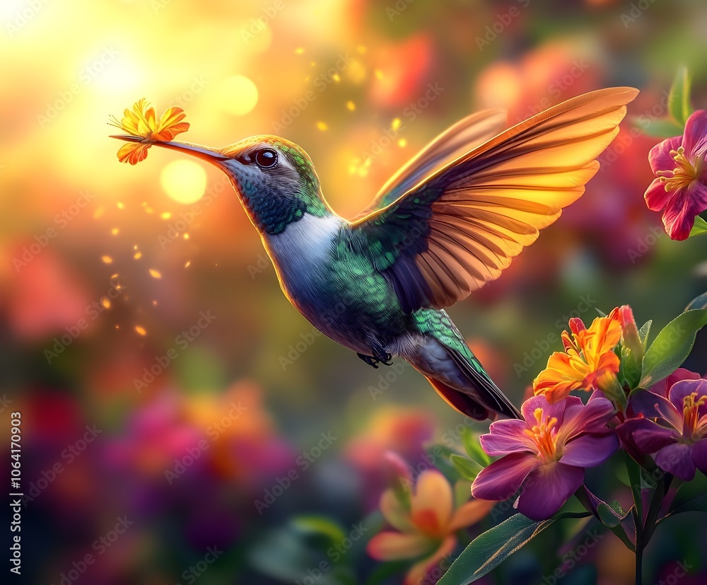 Fototapeta premium Flying hummingbird in a blooming garden