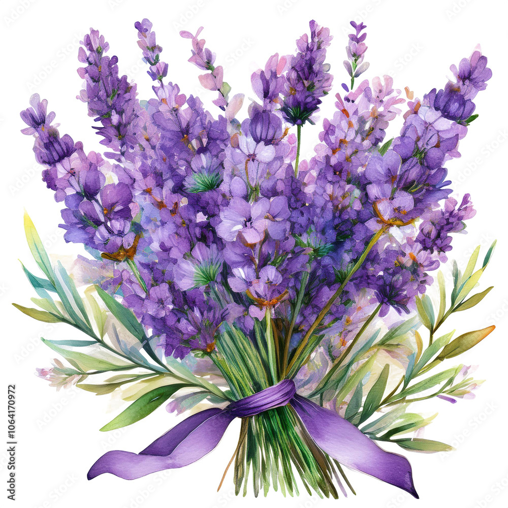 Fototapeta premium Watercolor painting of lavender full of flowers, in arrangement isolated on image with neutral background.