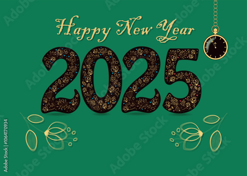 Happy New Year 2025 with golden floral decor. Graceful flowers and hearts, yellow text. Two big flowers frame the number, and there is a place for custom text. A pocket golden watch shows five to twel photo