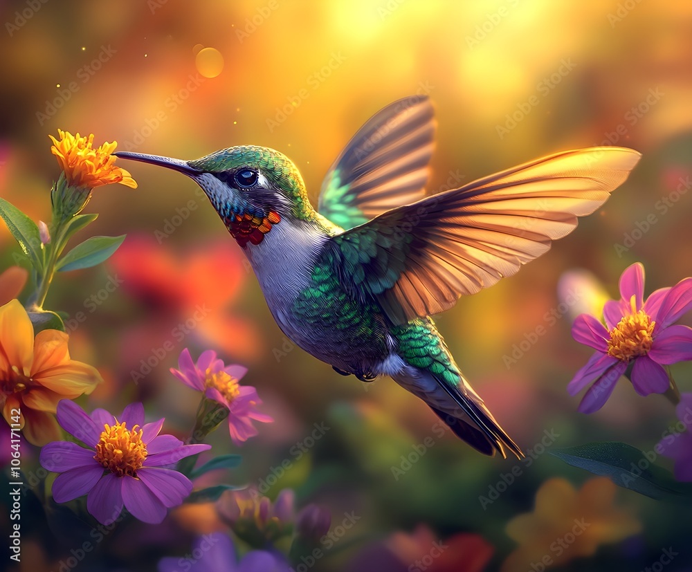 Flying hummingbird in a blooming garden Flying hummingbird in a blooming garden
