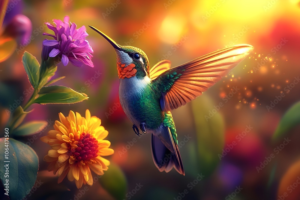 Naklejka premium Flying hummingbird in a blooming garden