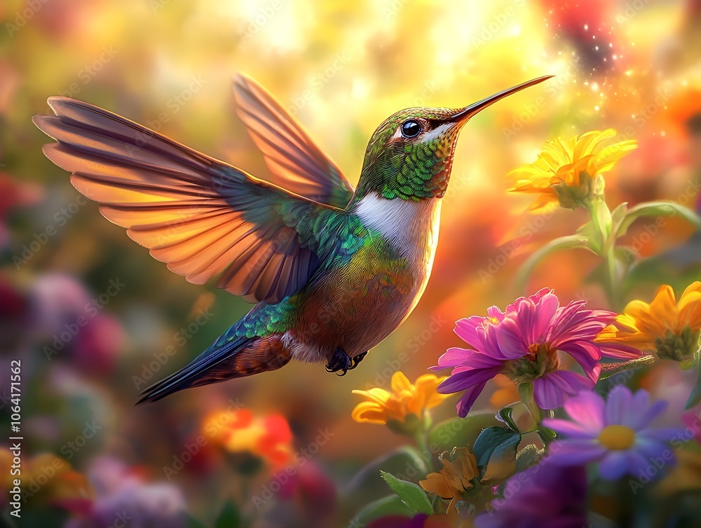 Flying hummingbird in a blooming garden Flying hummingbird in a blooming garden