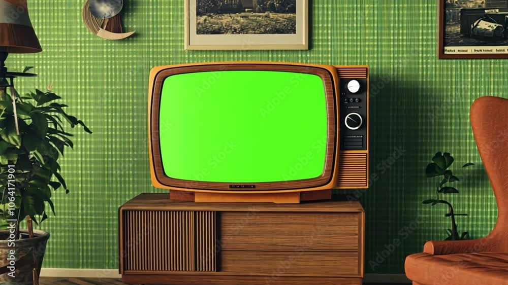 Old retro box tv with green screen mock up on table, Vintage television set with chroma key template, Empty mockup, blank space. Old fashion tv on wooden table in horizontal position, Home background