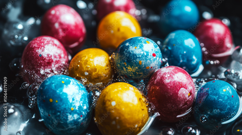 Colorful balls float in water with vibrant red, blue, and yellow hues. Concept of celebration, playfulness, and abstract art. Colorful balls float in water with vibrant red, blue, and yellow hues. Concept of celebration, playfulness, and abstract art.