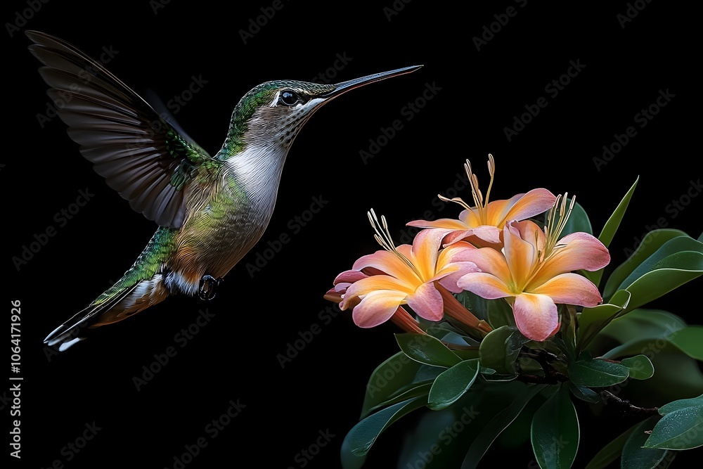 Flying hummingbird in a blooming garden Flying hummingbird in a blooming garden